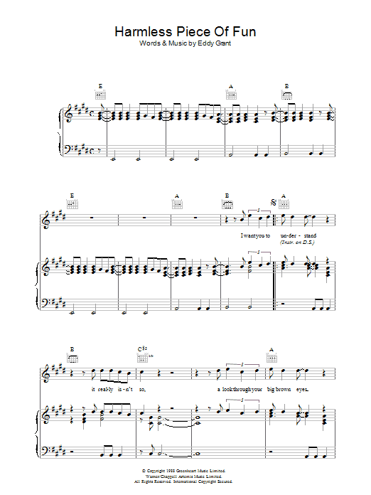 Download Eddy Grant Harmless Piece Of Fun Sheet Music and learn how to play Piano, Vocal & Guitar (Right-Hand Melody) PDF digital score in minutes