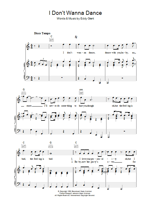 Download Eddy Grant I Don't Wanna Dance Sheet Music and learn how to play Lyrics & Chords PDF digital score in minutes