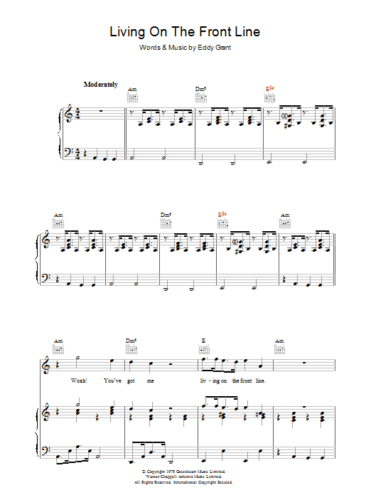 Download Eddy Grant Living On The Front Line Sheet Music and learn how to play Piano, Vocal & Guitar (Right-Hand Melody) PDF digital score in minutes