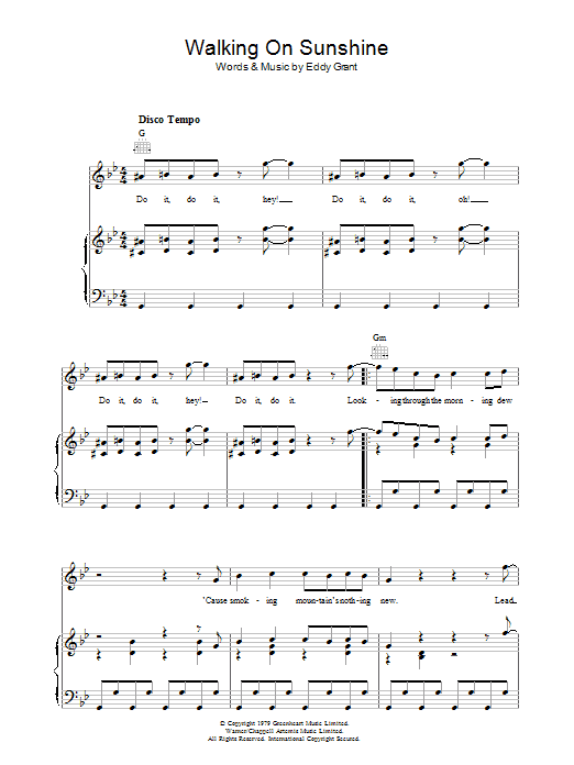 Download Eddy Grant Walking On Sunshine Sheet Music and learn how to play Piano, Vocal & Guitar (Right-Hand Melody) PDF digital score in minutes