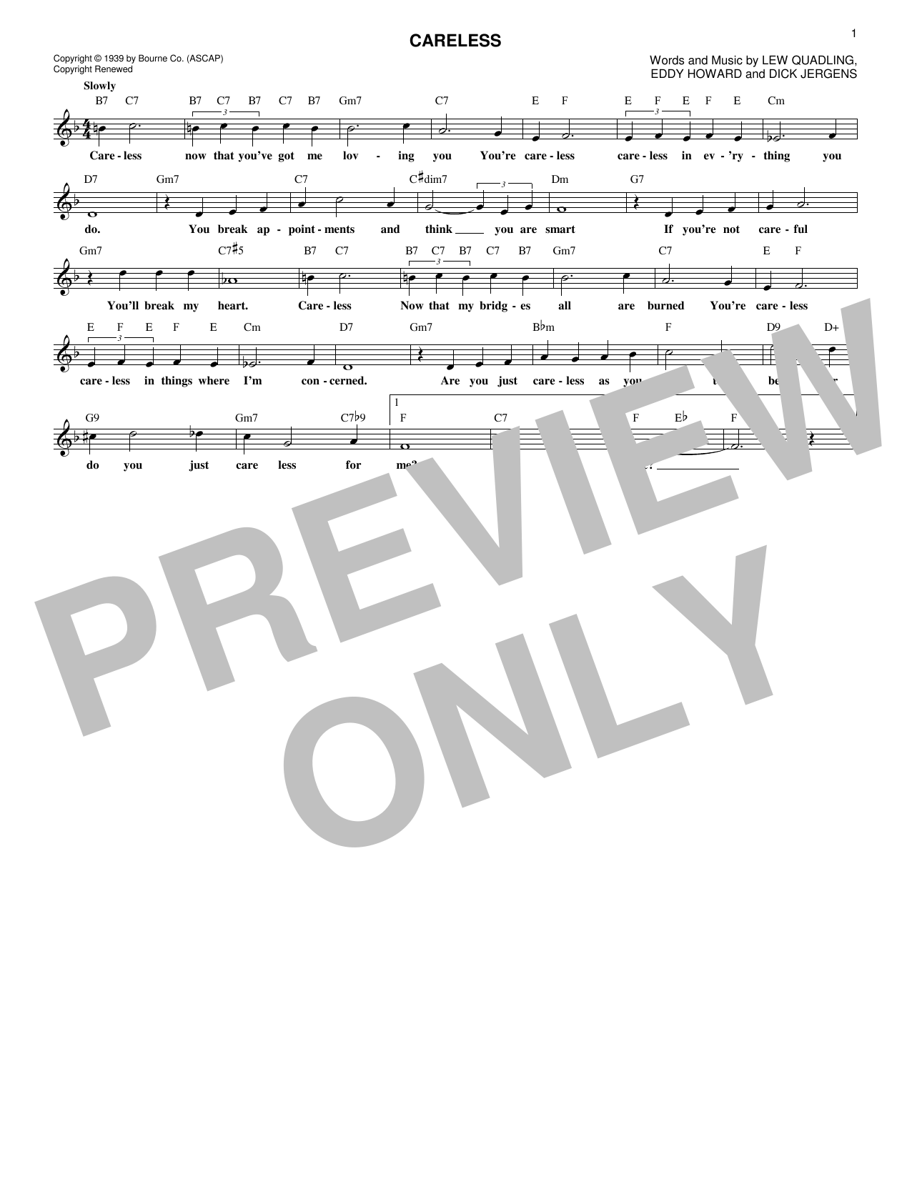 Download Eddy Howard Careless Sheet Music and learn how to play Melody Line, Lyrics & Chords PDF digital score in minutes