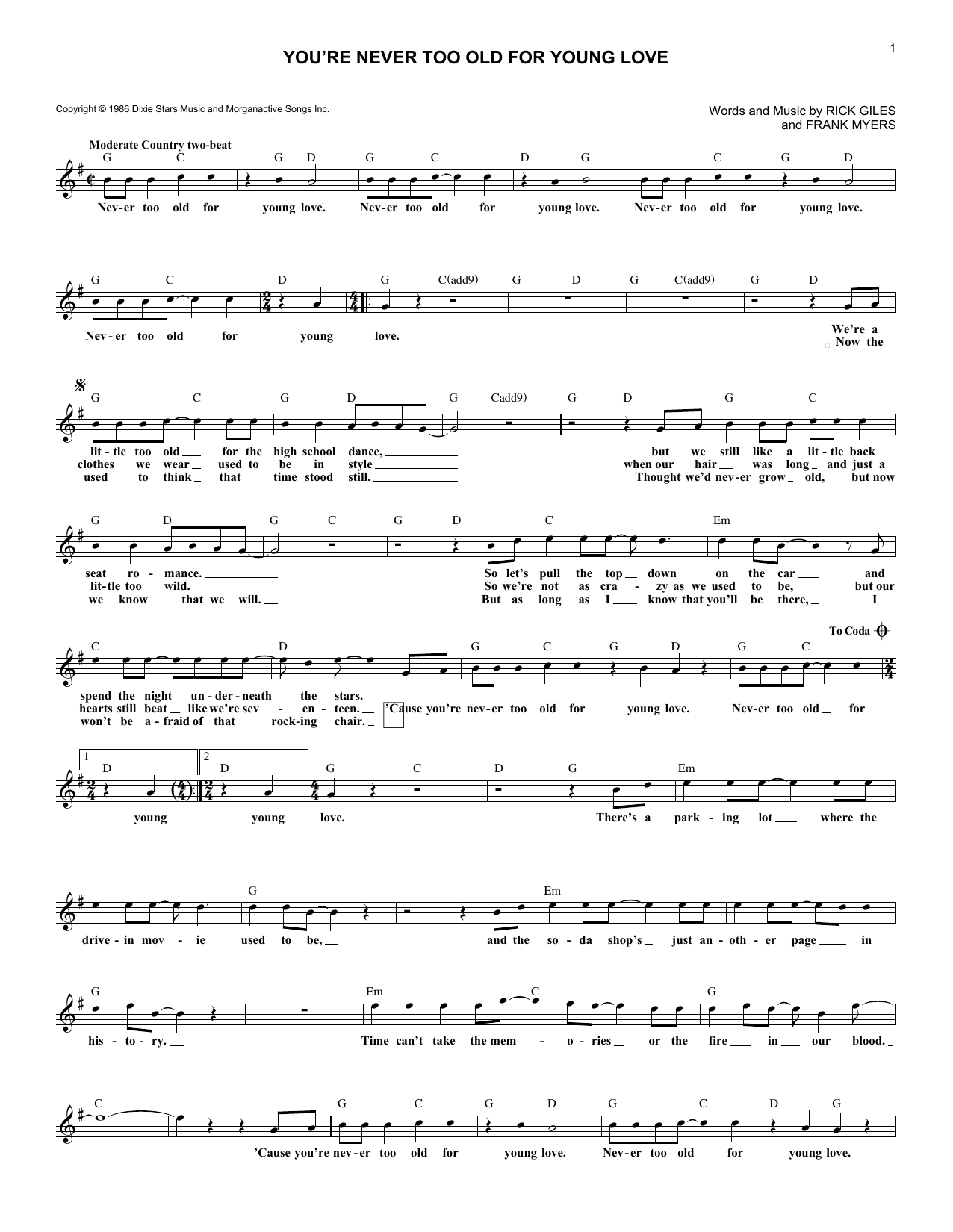 Download Eddy Raven You're Never Too Old For Young Love Sheet Music and learn how to play Melody Line, Lyrics & Chords PDF digital score in minutes