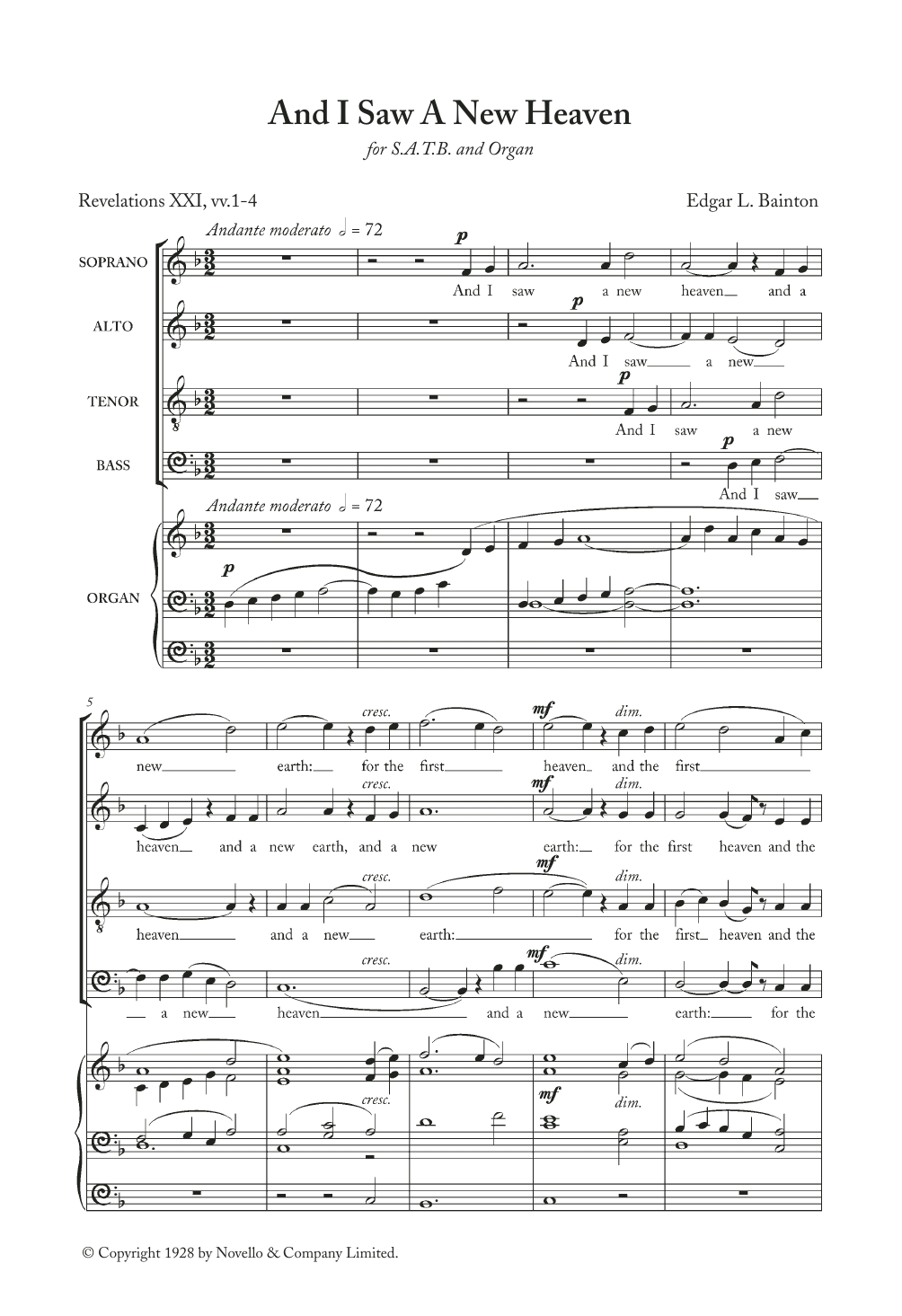 Download Edgar Bainton And I Saw A New Heaven Sheet Music and learn how to play SATB Choir PDF digital score in minutes