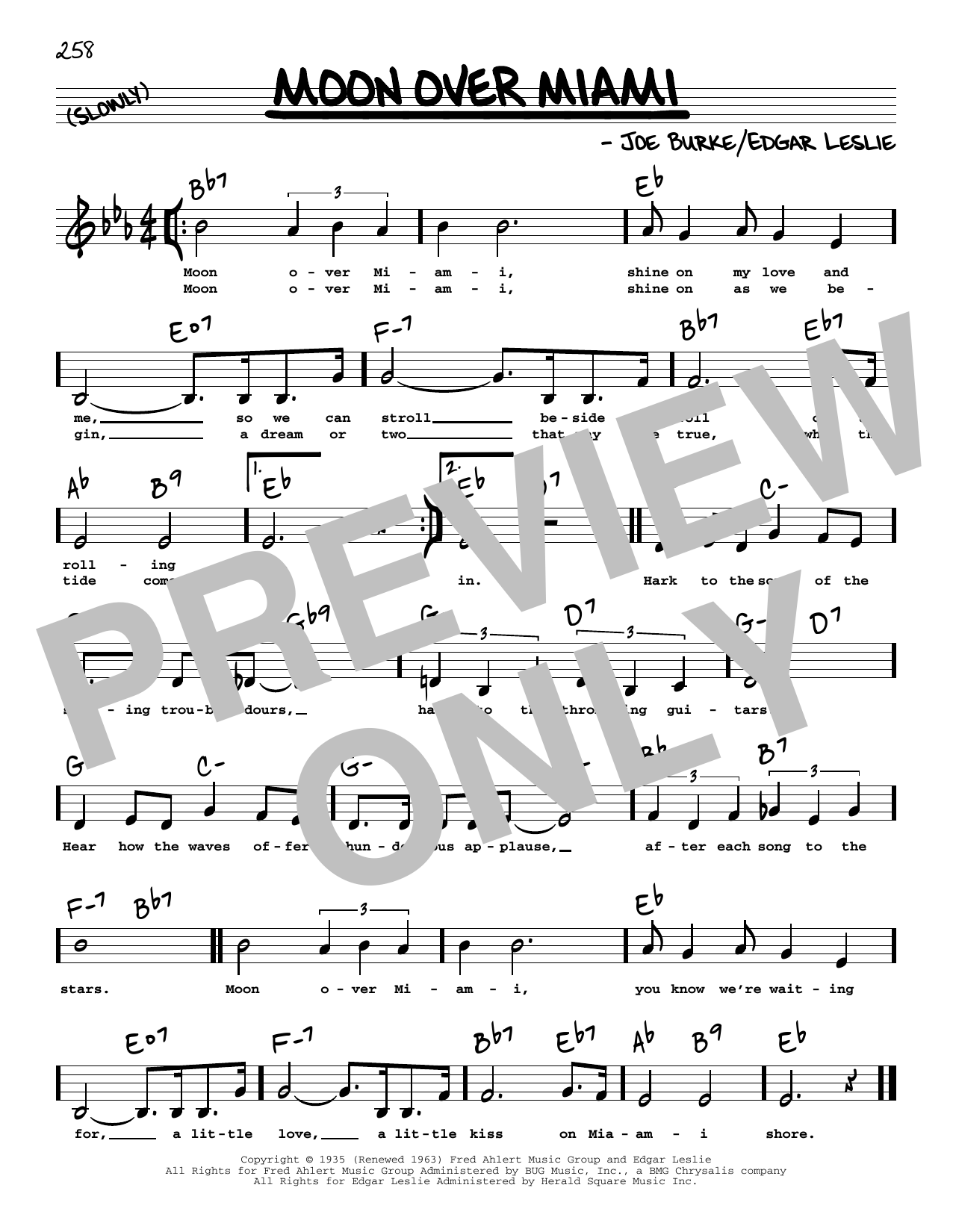 Download Edgar Leslie Moon Over Miami (Low Voice) Sheet Music and learn how to play Real Book – Melody, Lyrics & Chords PDF digital score in minutes