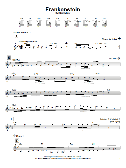 Download Edgar Winter Group Frankenstein Sheet Music and learn how to play Real Book – Melody, Lyrics & Chords PDF digital score in minutes
