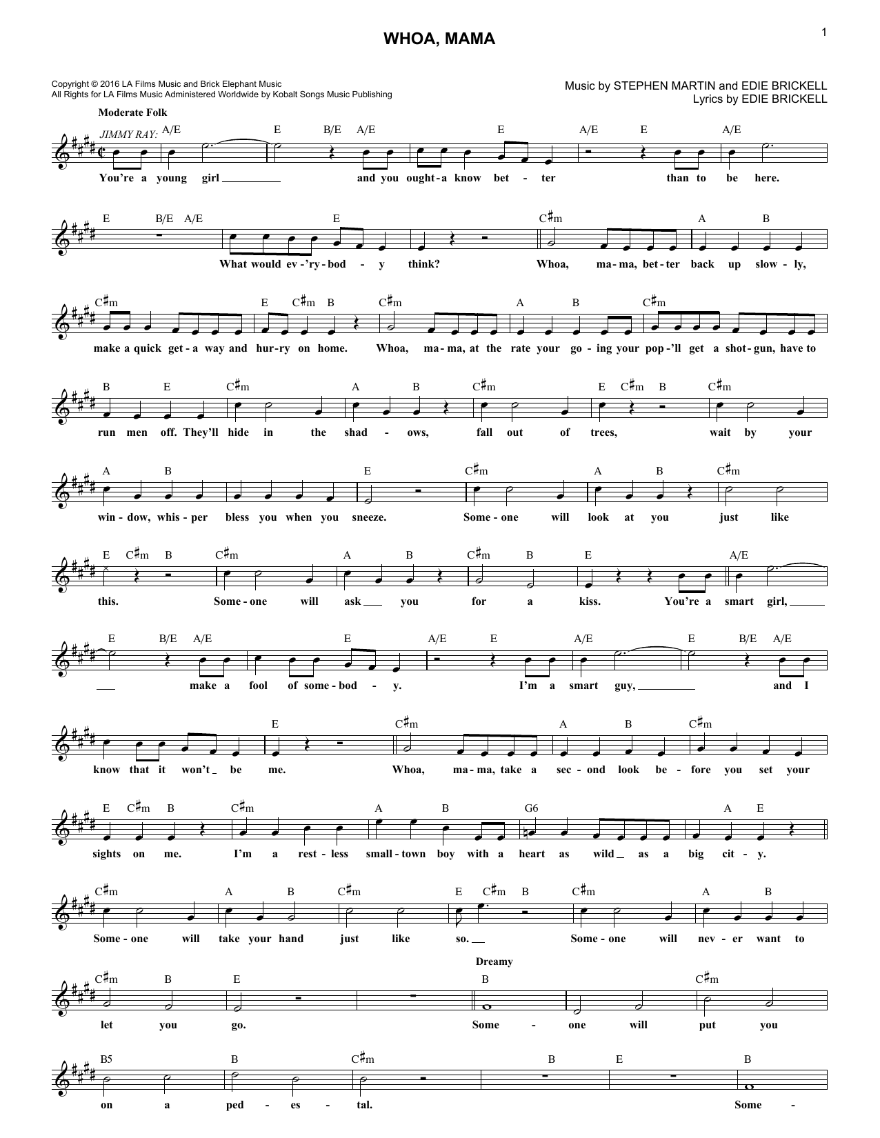 Download Edie Brickell Whoa, Mama Sheet Music and learn how to play Melody Line, Lyrics & Chords PDF digital score in minutes