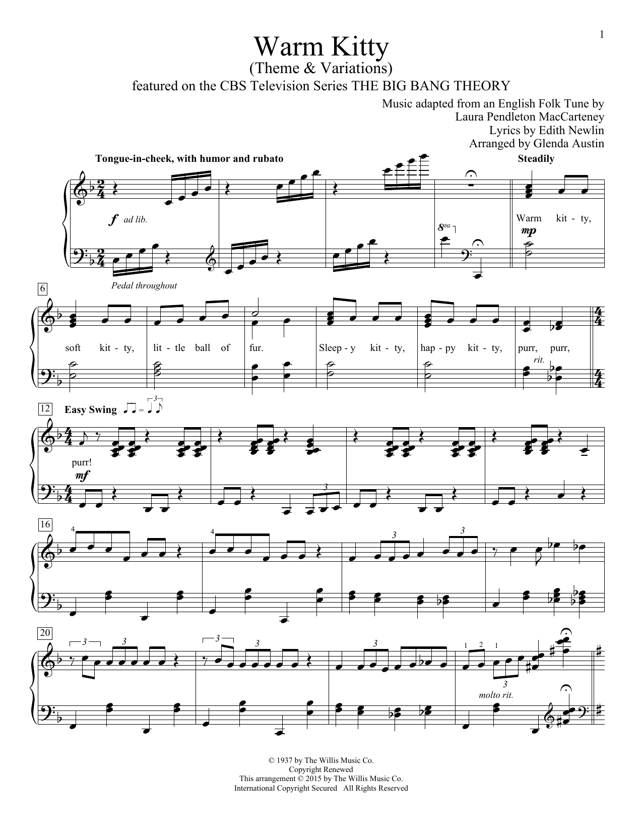 Download Glenda Austin Warm Kitty Sheet Music and learn how to play Easy Piano PDF digital score in minutes