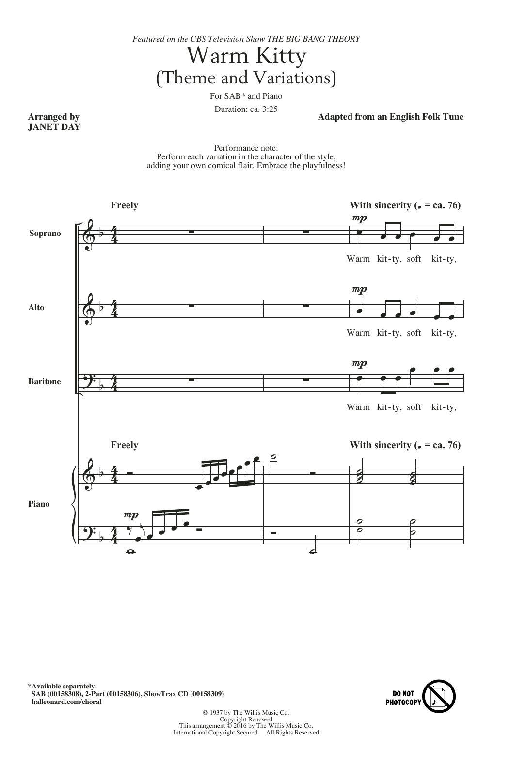 Download Janet Day Warm Kitty Sheet Music and learn how to play SAB PDF digital score in minutes