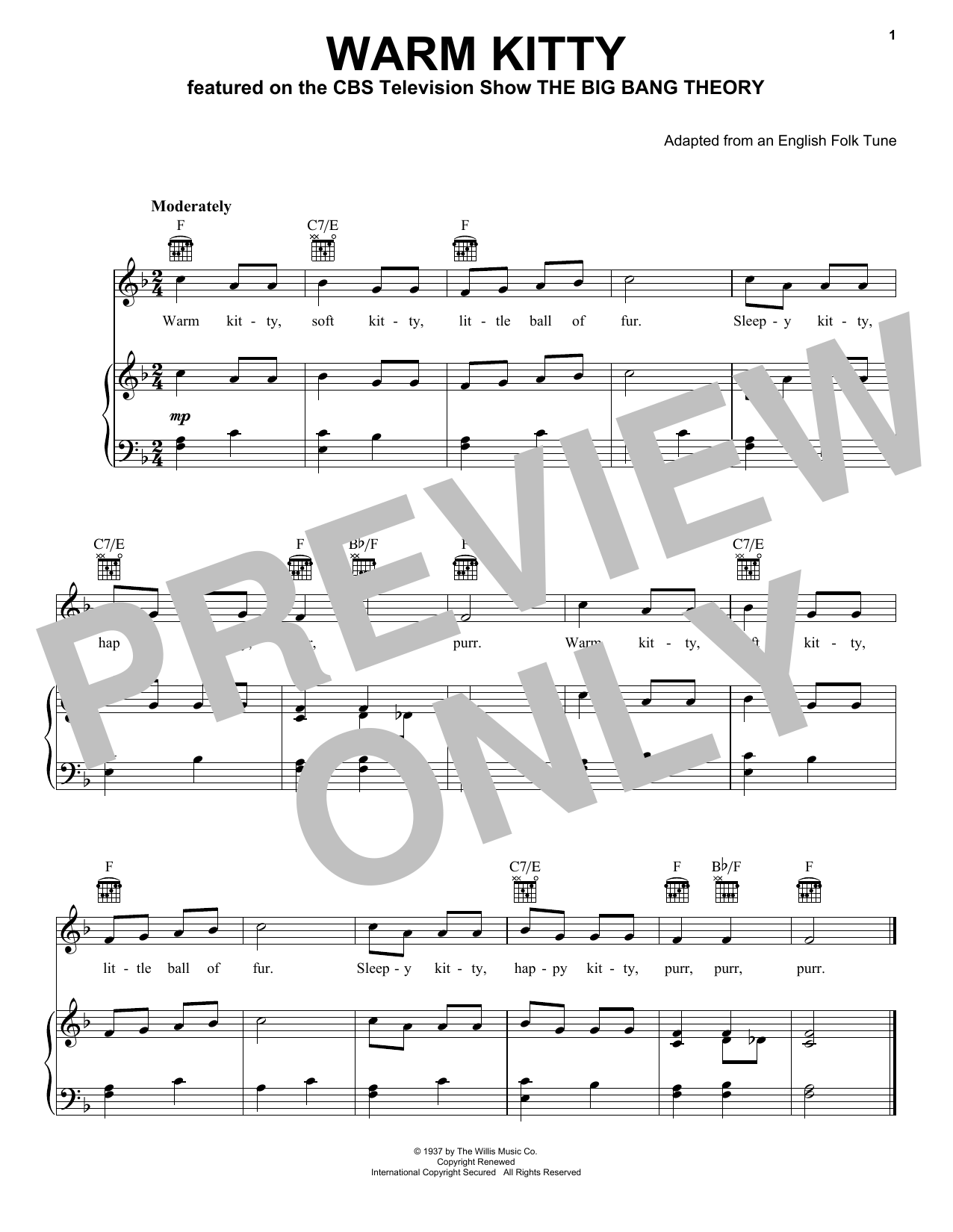 Download English Folk Tune (adapted) Warm Kitty Sheet Music and learn how to play Piano, Vocal & Guitar (Right-Hand Melody) PDF digital score in minutes