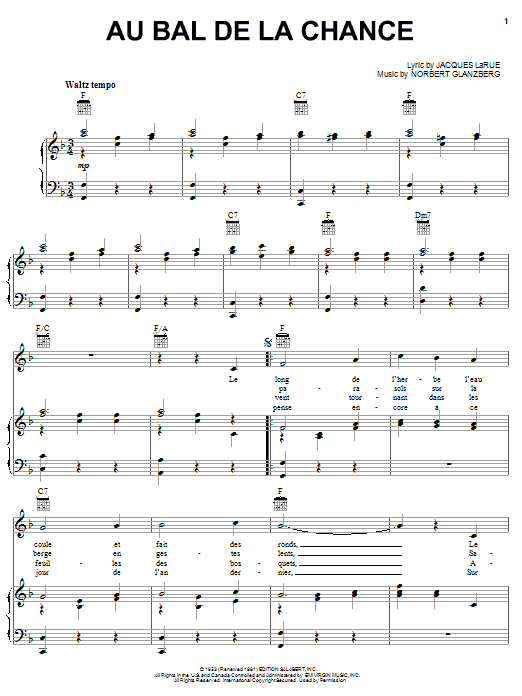 Download Edith Piaf Au Bal De La Chance Sheet Music and learn how to play Piano, Vocal & Guitar (Right-Hand Melody) PDF digital score in minutes