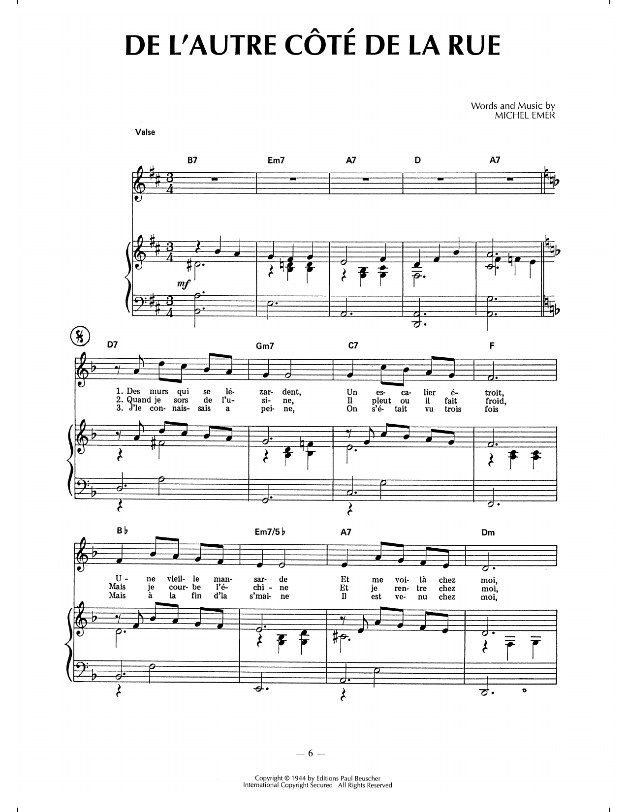 Download Edith Piaf De L'autre Cote De La Rue Sheet Music and learn how to play Piano, Vocal & Guitar Chords (Right-Hand Melody) PDF digital score in minutes