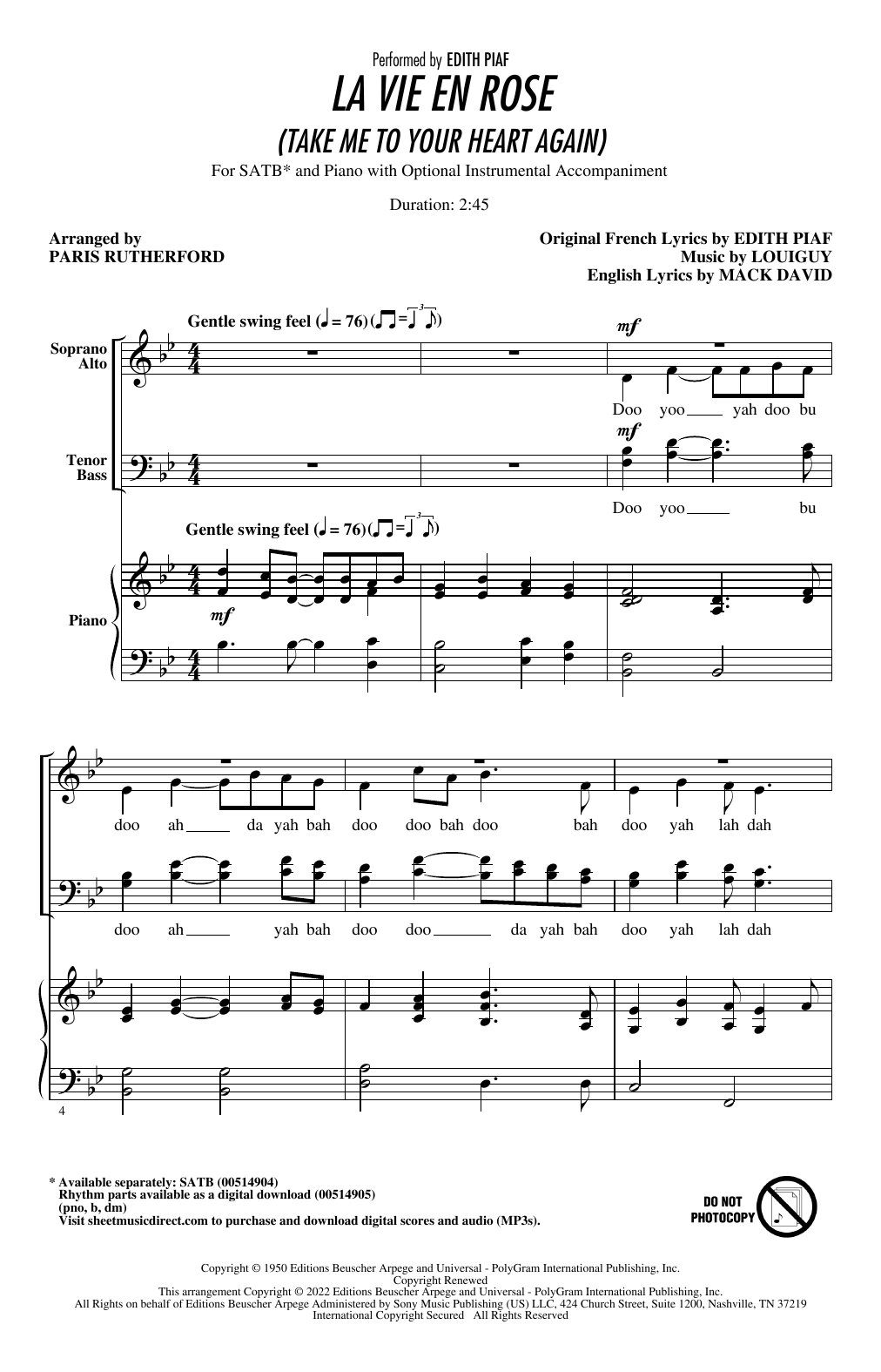 Download Édith Piaf La Vie En Rose (Take Me To Your Heart Again) (arr. Paris Rutherford) Sheet Music and learn how to play SATB Choir PDF digital score in minutes