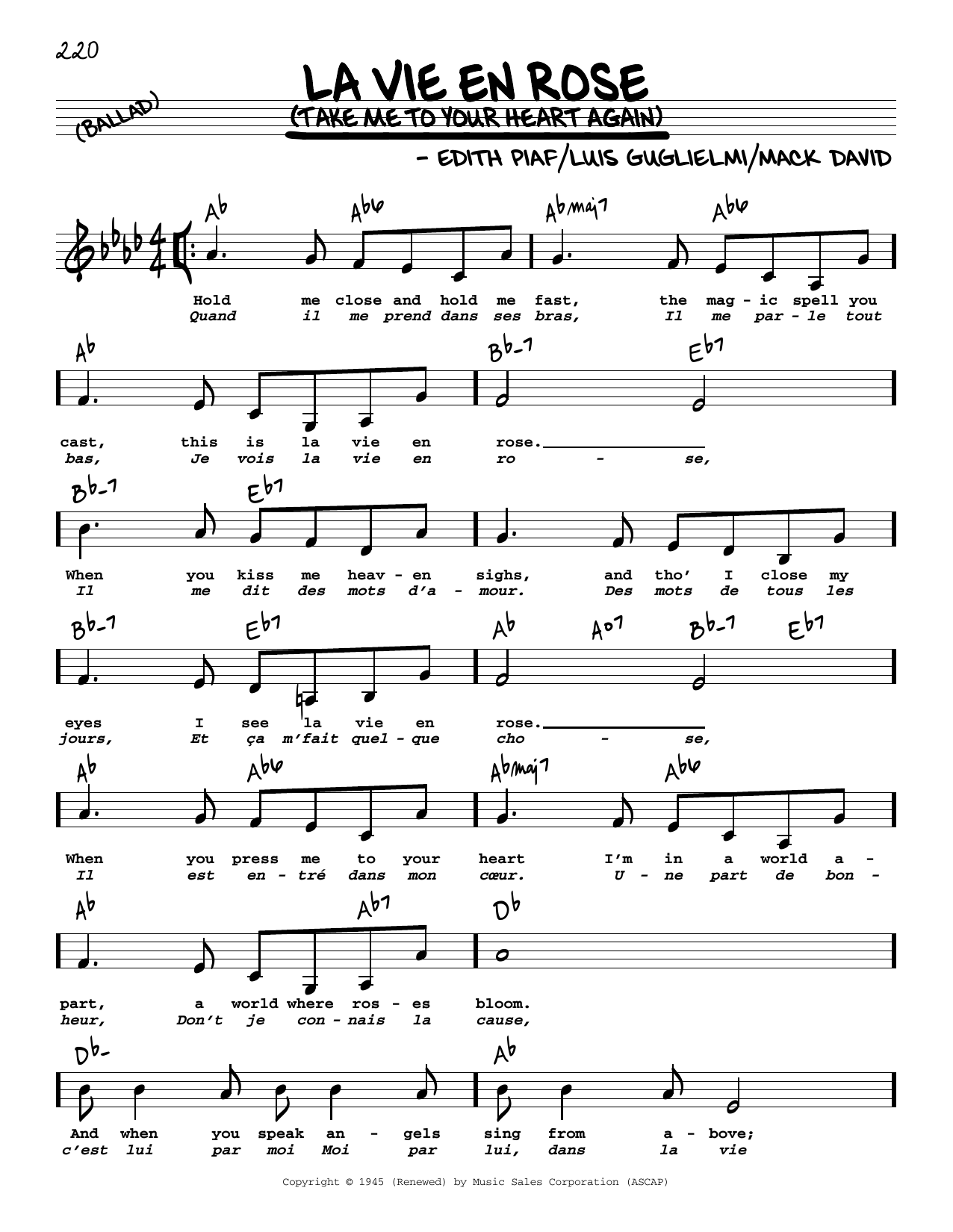 Download Edith Piaf La Vie En Rose (Take Me To Your Heart Again) (Low Voice) Sheet Music and learn how to play Real Book – Melody, Lyrics & Chords PDF digital score in minutes