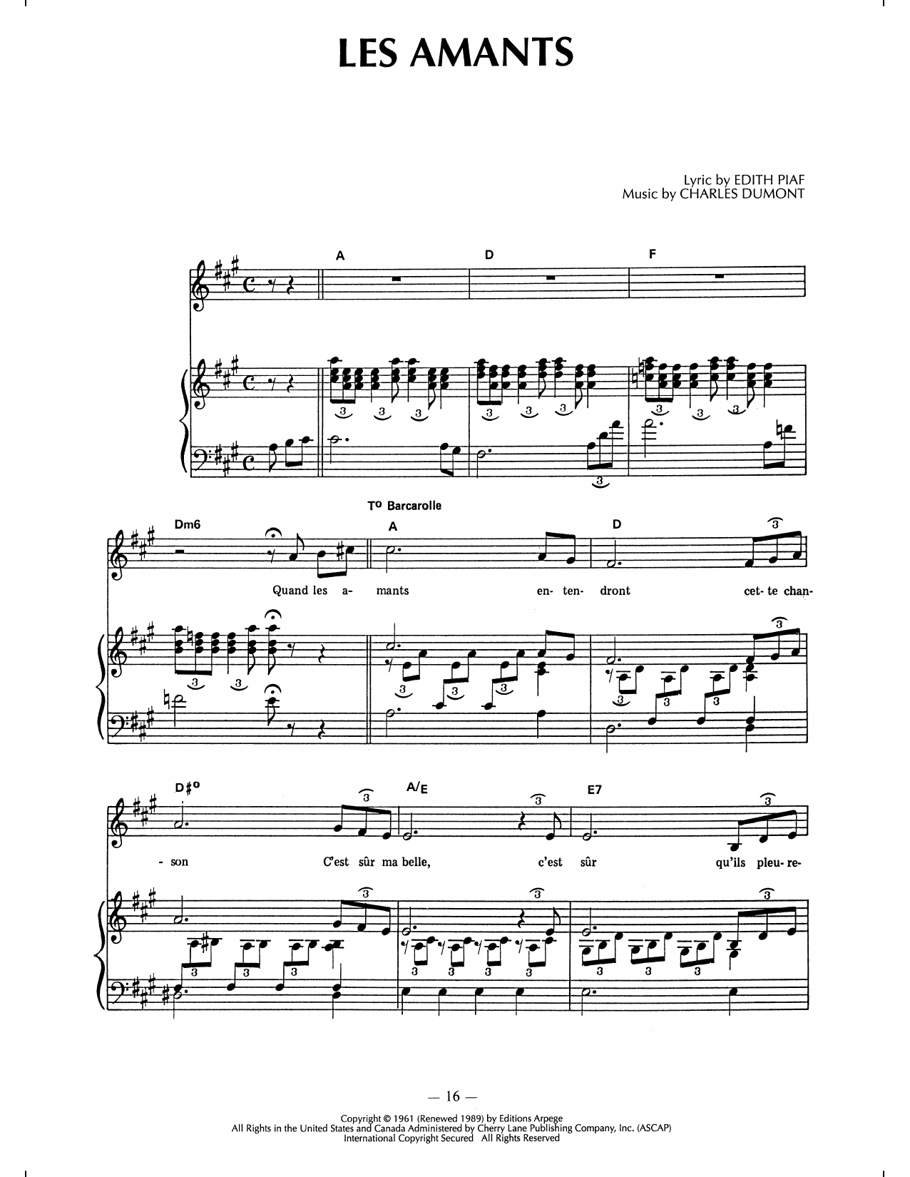 Download Edith Piaf Les Amants Sheet Music and learn how to play Piano, Vocal & Guitar Chords (Right-Hand Melody) PDF digital score in minutes
