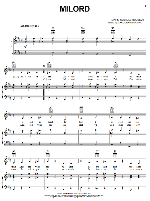 Download Edith Piaf Milord Sheet Music and learn how to play Piano, Vocal & Guitar (Right-Hand Melody) PDF digital score in minutes