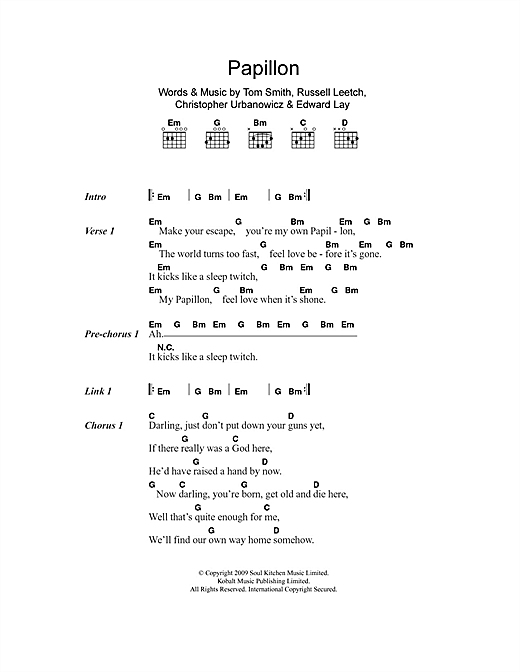 Download Editors Papillon Sheet Music and learn how to play Lyrics & Chords PDF digital score in minutes