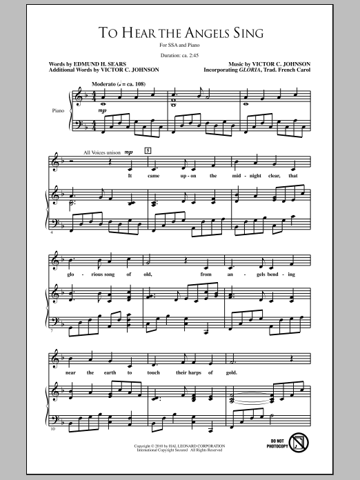 Download Edmund H. Sears To Hear The Angels Sing Sheet Music and learn how to play SSA Choir PDF digital score in minutes