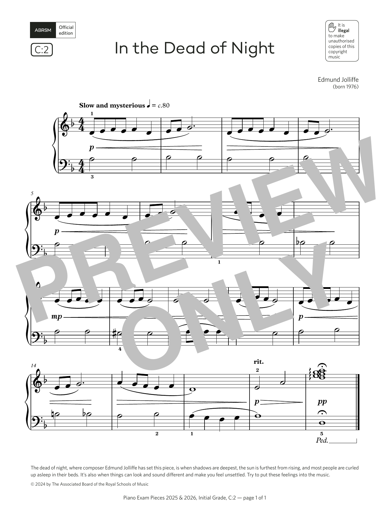 Download Edmund Jolliffe In the Dead of Night (Grade Initial, list C2, from the ABRSM Piano Syllabus 2025 Sheet Music and learn how to play Piano Solo PDF digital score in minutes