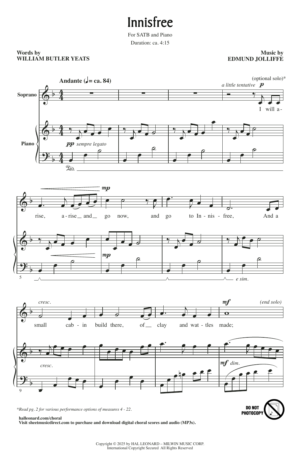 Download Edmund Jolliffe Innisfree Sheet Music and learn how to play SATB Choir PDF digital score in minutes