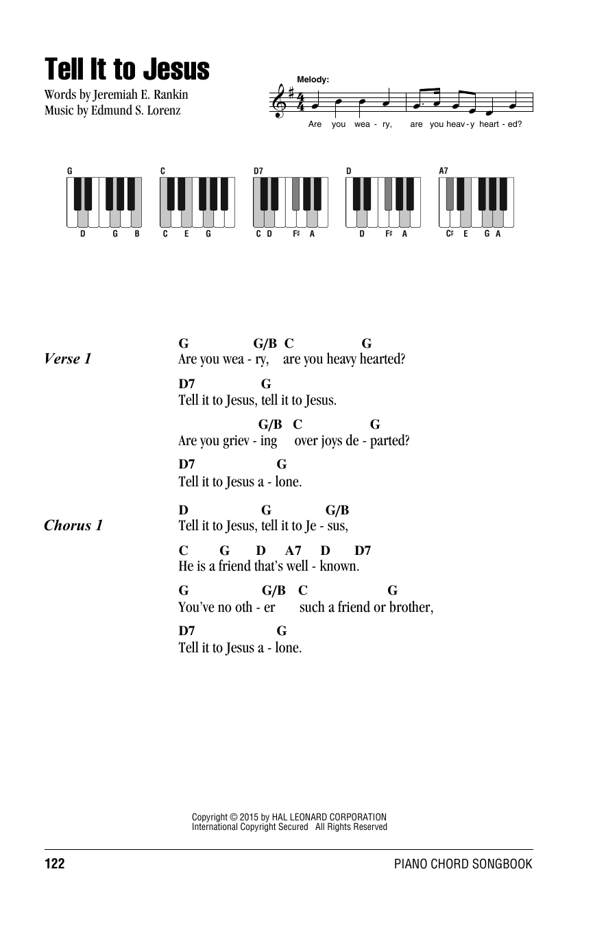 Download Edmund S. Lorenz Tell It To Jesus Sheet Music and learn how to play Lyrics & Piano Chords PDF digital score in minutes