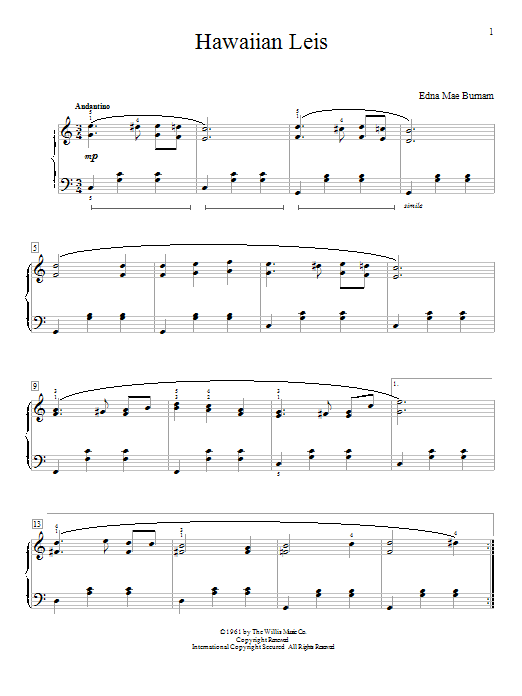 Download Edna Mae Burnam Hawaiian Leis Sheet Music and learn how to play Easy Piano PDF digital score in minutes