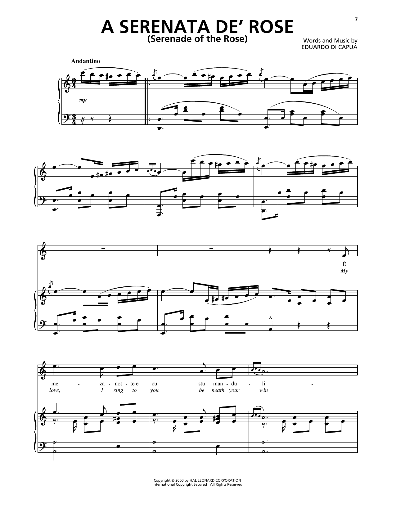 Download Eduardo di Capua A Serenata De' Rose (Serenade Of The Rose) Sheet Music and learn how to play Piano, Vocal & Guitar Chords (Right-Hand Melody) PDF digital score in minutes