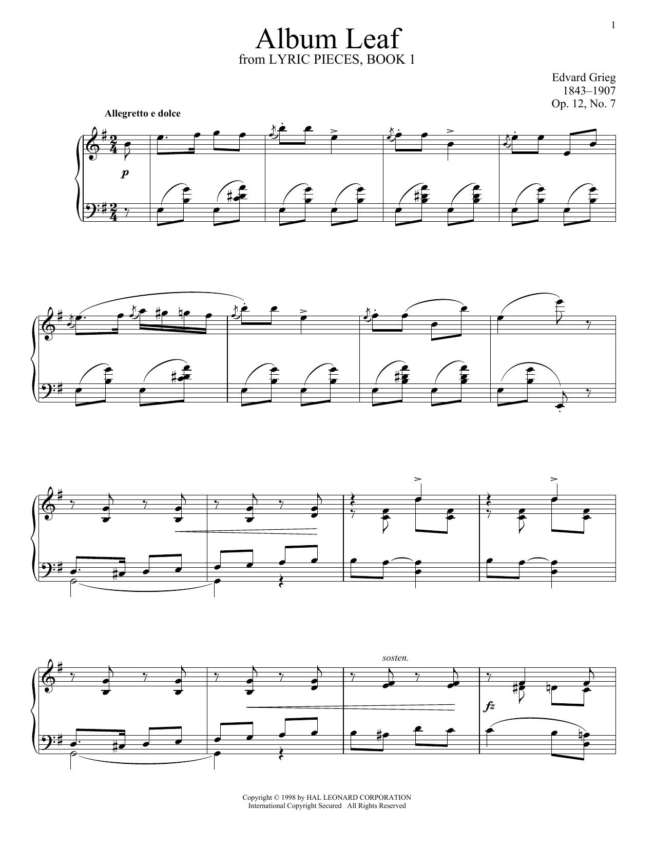 Download Edvard Grieg Album Leaf, Op. 12, No. 7 Sheet Music and learn how to play Piano PDF digital score in minutes