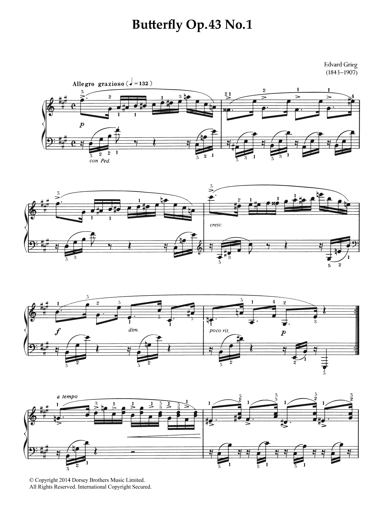 Download Edvard Grieg Butterfly (from 'Lyric Pieces Op. 43') Sheet Music and learn how to play Piano PDF digital score in minutes