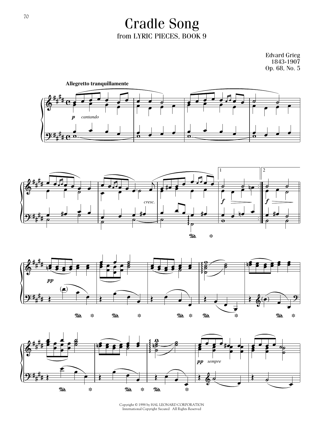 Download Edvard Grieg Cradle Song, Op. 68, No. 5 Sheet Music and learn how to play Piano Solo PDF digital score in minutes