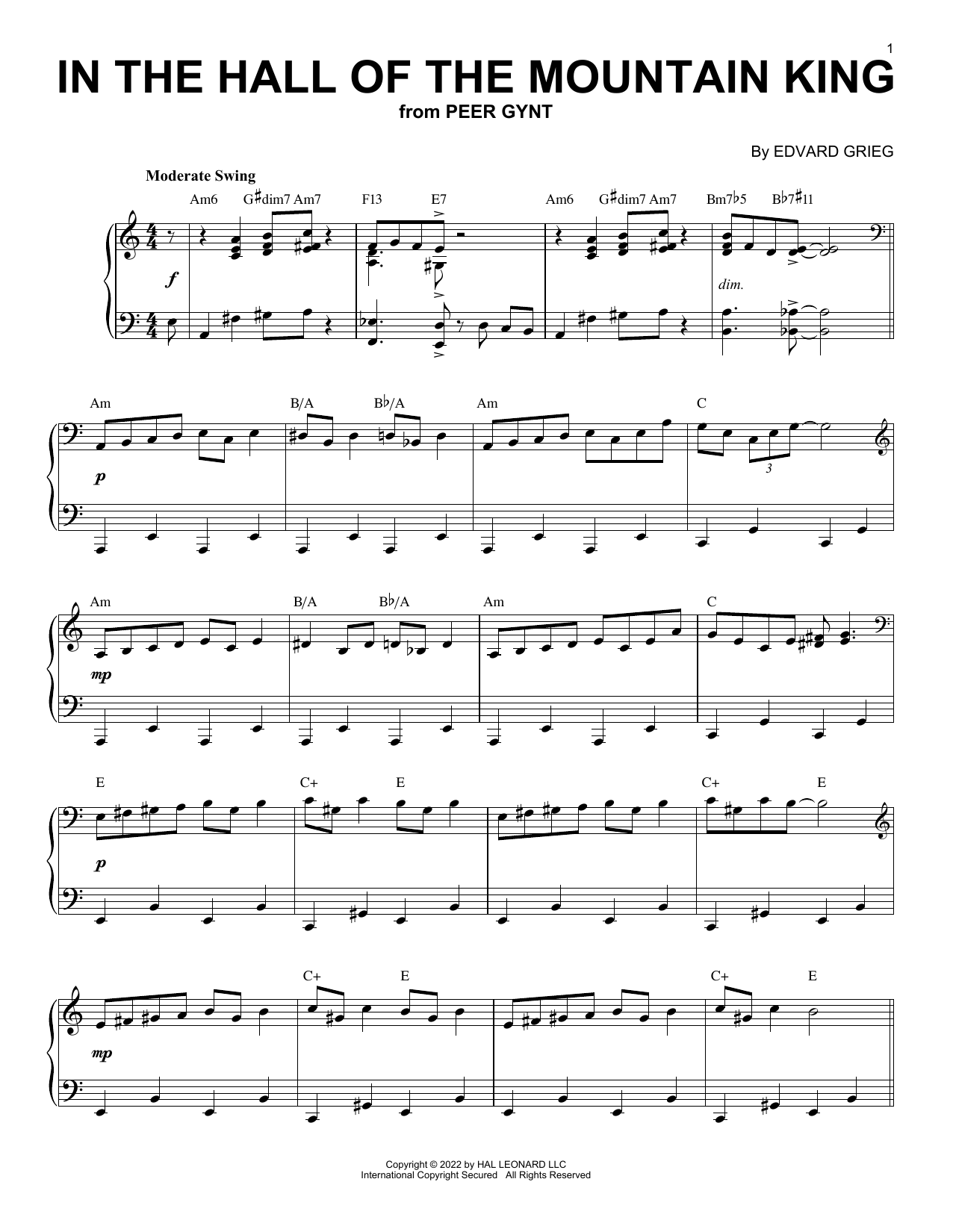 Download Edvard Grieg In The Hall Of The Mountain King [Jazz version] (arr. Brent Edstrom) Sheet Music and learn how to play Piano Solo PDF digital score in minutes