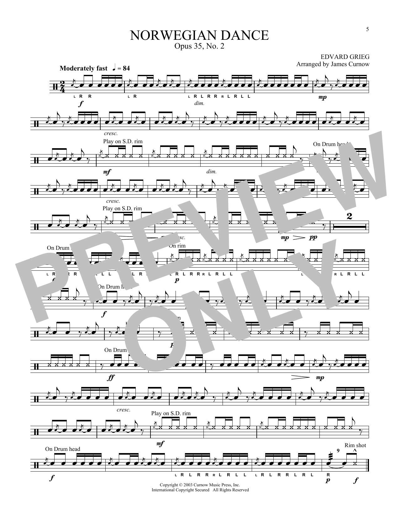 Download Edvard Grieg Norwegian Dance Op. 35, No. 2 (arr. James Curnow) Sheet Music and learn how to play Snare Drum Solo PDF digital score in minutes