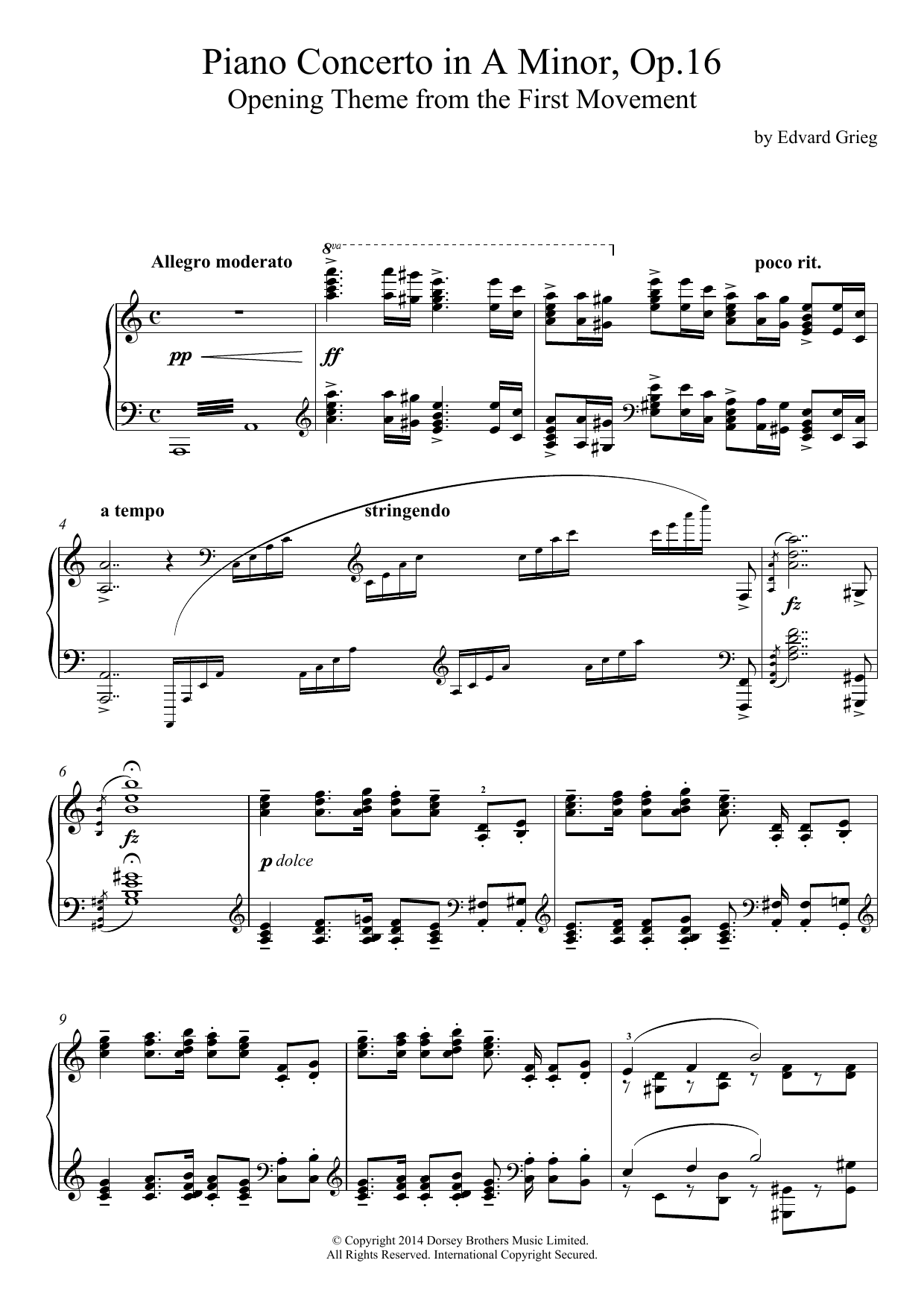 Download Edvard Grieg Piano Concerto in A Minor, Op.16, Opening Theme Sheet Music and learn how to play Piano PDF digital score in minutes