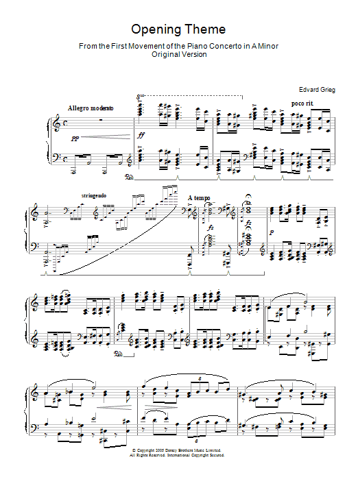 Download Edvard Grieg Opening Theme from Piano Concerto in A Minor Sheet Music and learn how to play Piano PDF digital score in minutes