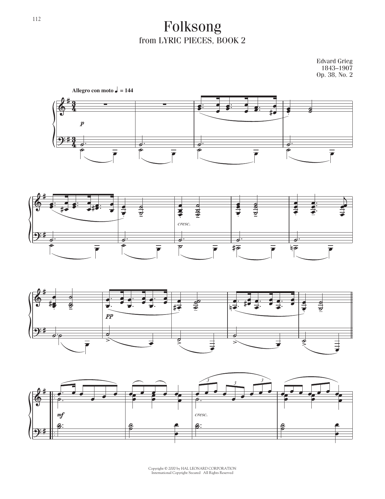 Download Edvard Grieg Popular Melody, Op. 38, No. 2 Sheet Music and learn how to play Piano Solo PDF digital score in minutes