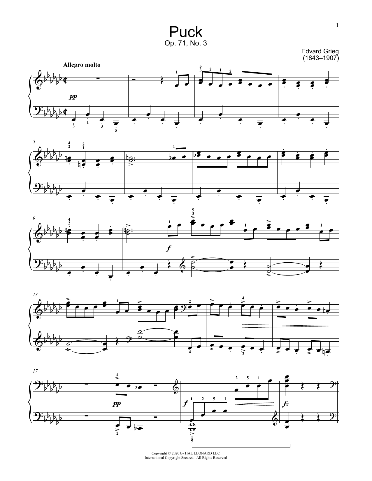 Download Edvard Grieg Puck, Op. 71, No. 3 Sheet Music and learn how to play Educational Piano PDF digital score in minutes