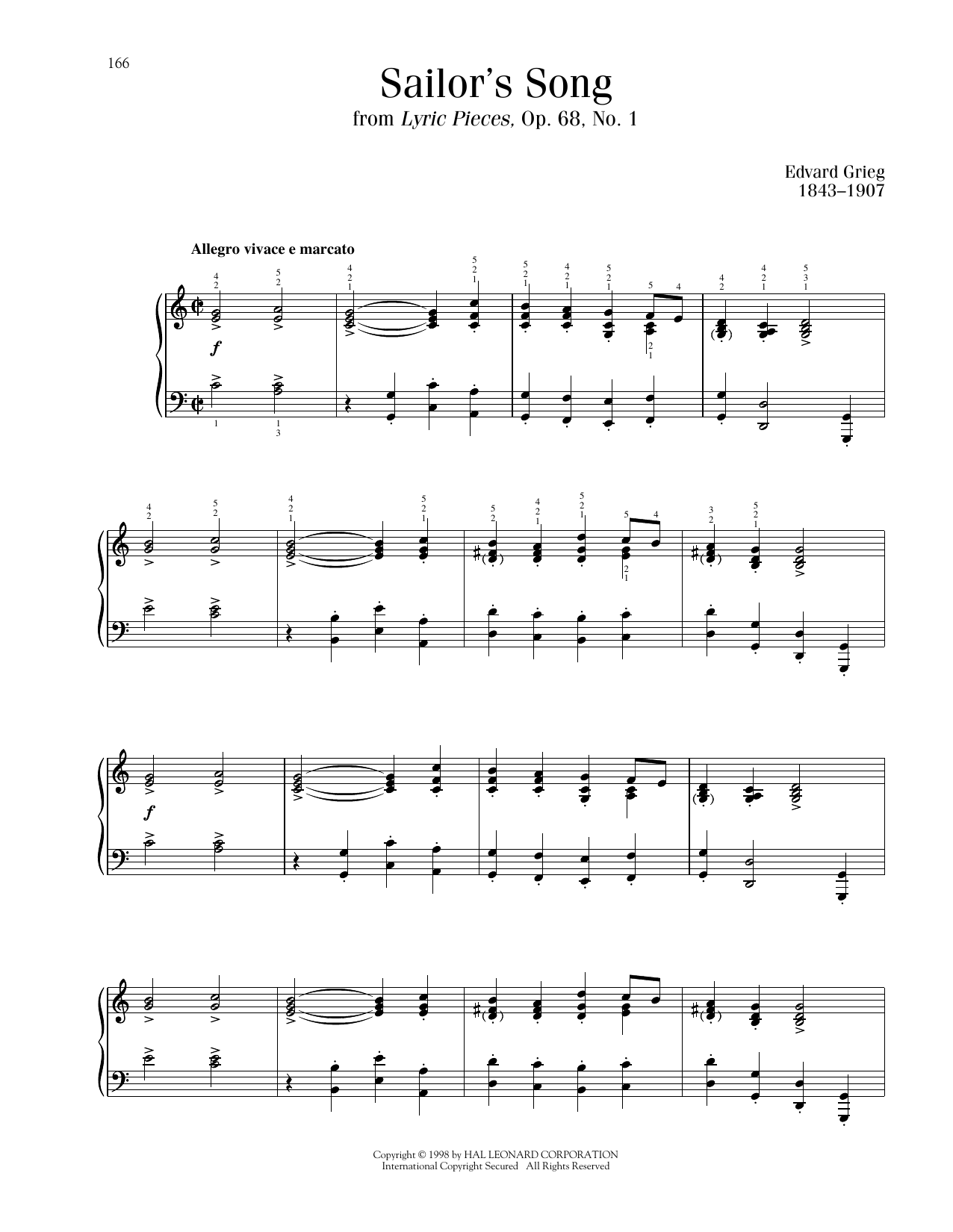 Download Edvard Grieg Sailor's Song, Op. 68, No. 1 Sheet Music and learn how to play Piano Solo PDF digital score in minutes