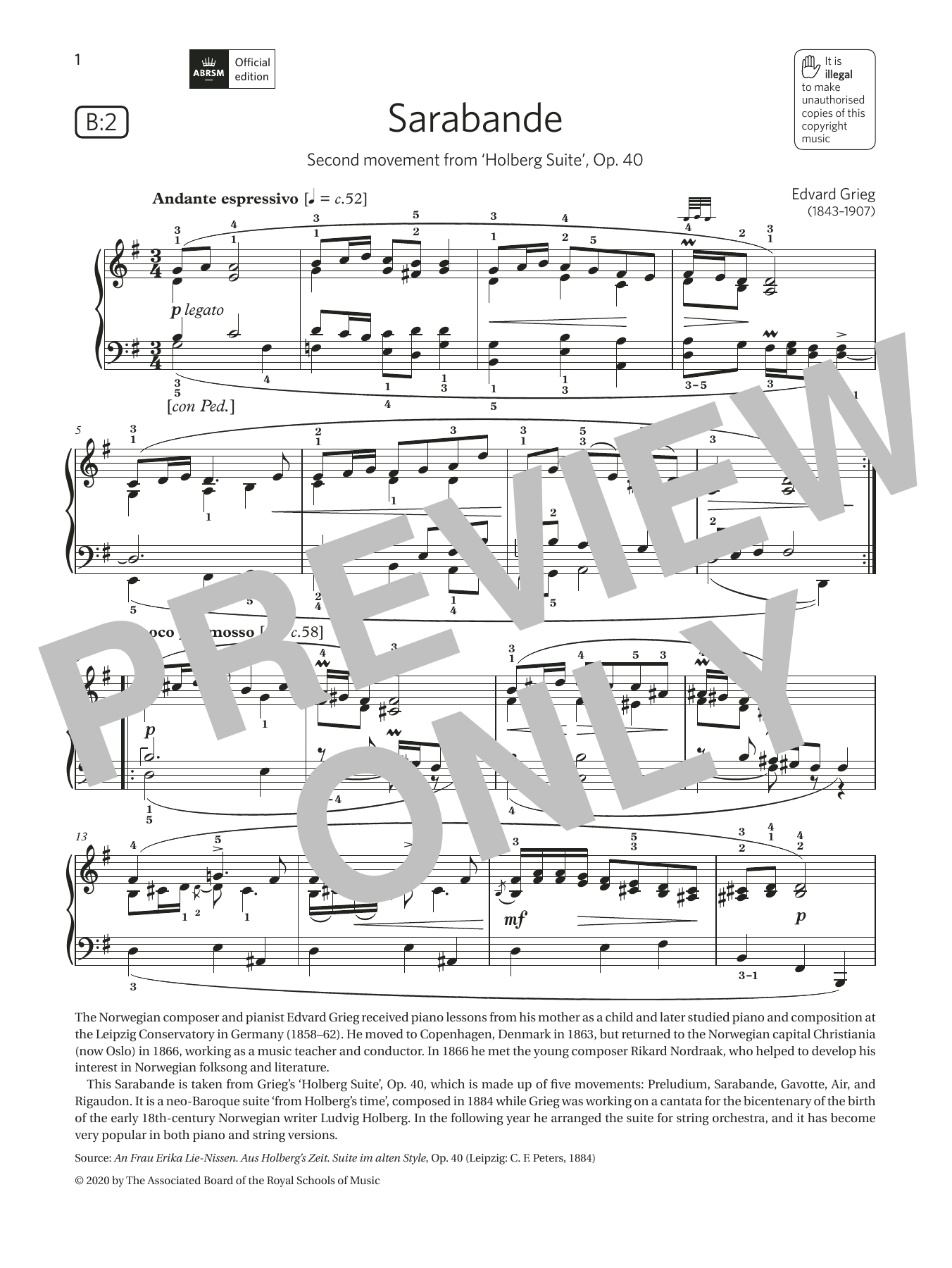 Download Edvard Grieg Sarabande (Grade 7, list B2, from the ABRSM Piano Syllabus 2021 & 2022) Sheet Music and learn how to play Piano Solo PDF digital score in minutes