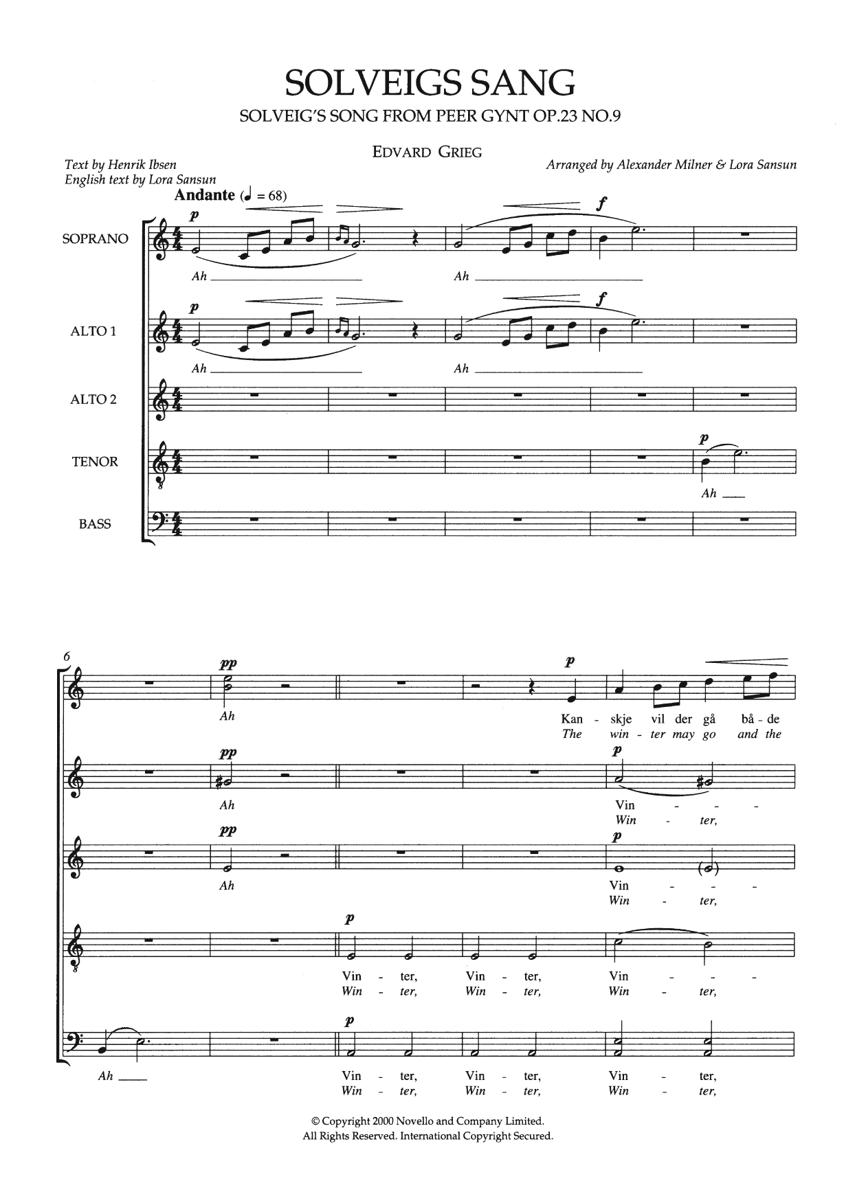 Download Edvard Grieg Solveig's Song (From 'Peer Gynt Suite No. 2') (arr. Alexander Milner and Lora Sa Sheet Music and learn how to play SATB Choir PDF digital score in minutes