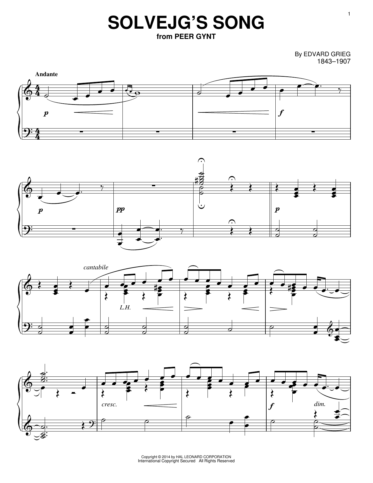 Download Edvard Grieg Solvejg's Song Sheet Music and learn how to play Piano PDF digital score in minutes
