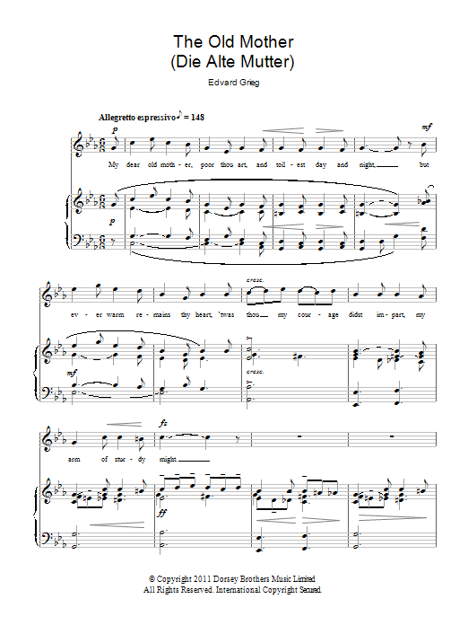 Download Edvard Grieg The Old Mother (Die Alte Mutter) Sheet Music and learn how to play Piano & Vocal PDF digital score in minutes