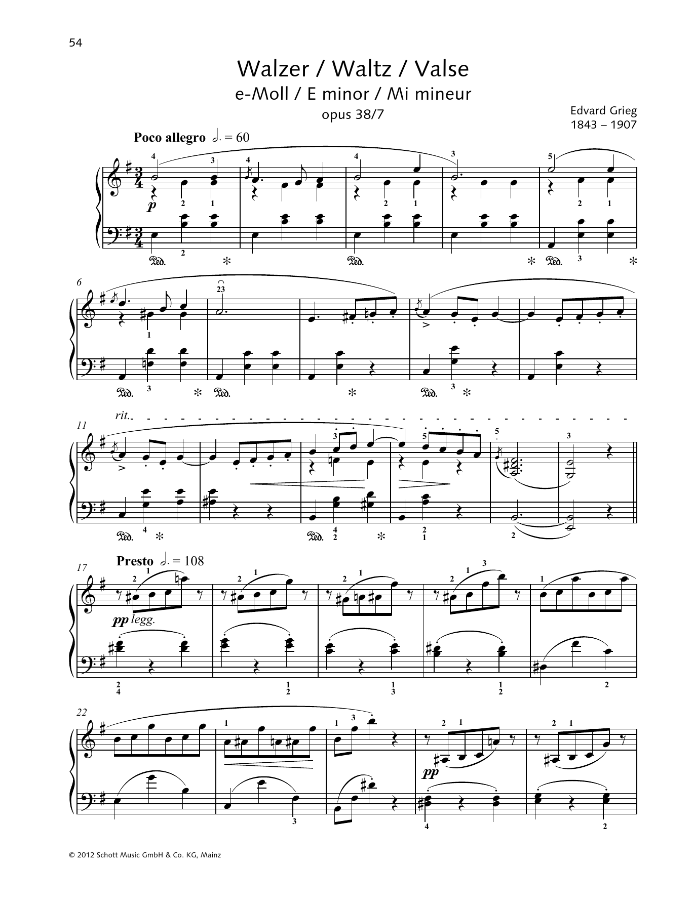 Download Edvard Grieg Waltz E minor Sheet Music and learn how to play Piano Solo PDF digital score in minutes