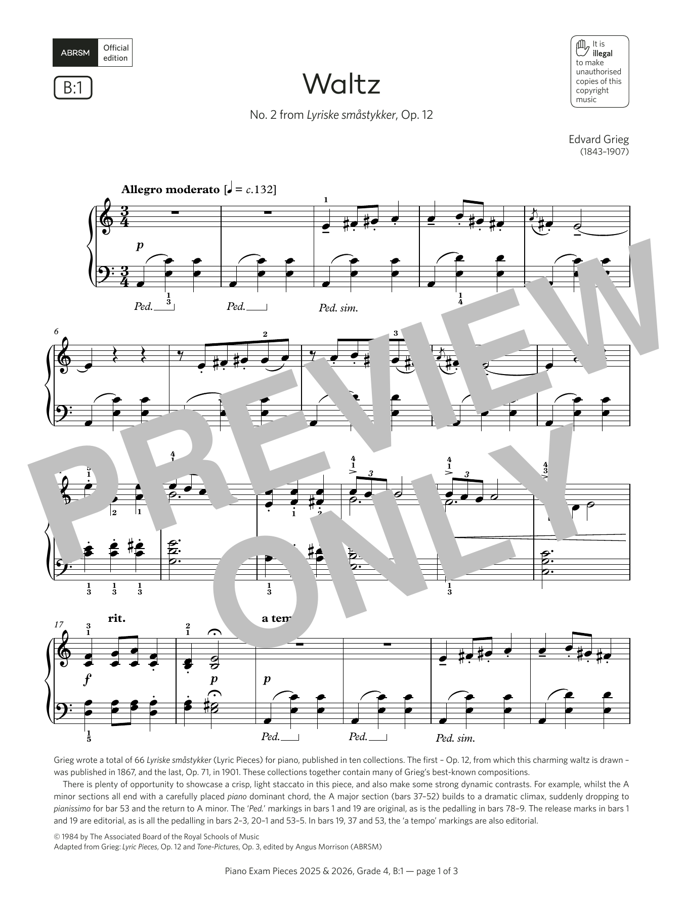 Download Edvard Grieg Waltz (Grade 4, list B1, from the ABRSM Piano Syllabus 2025 & 2026) Sheet Music and learn how to play Piano Solo PDF digital score in minutes