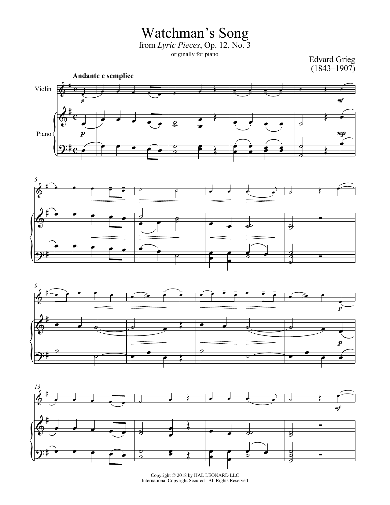 Download Edvard Grieg Watchman's Song, Op. 12, No. 3 Sheet Music and learn how to play Cello and Piano PDF digital score in minutes