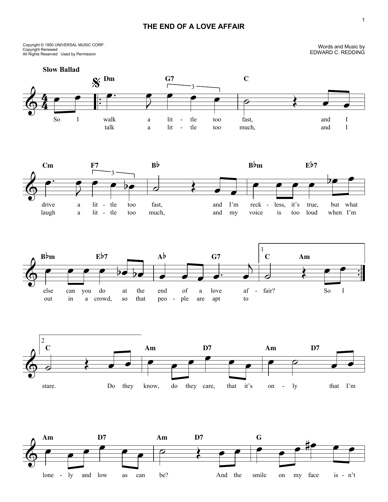 Download Edward C. Redding The End Of A Love Affair Sheet Music and learn how to play Melody Line, Lyrics & Chords PDF digital score in minutes