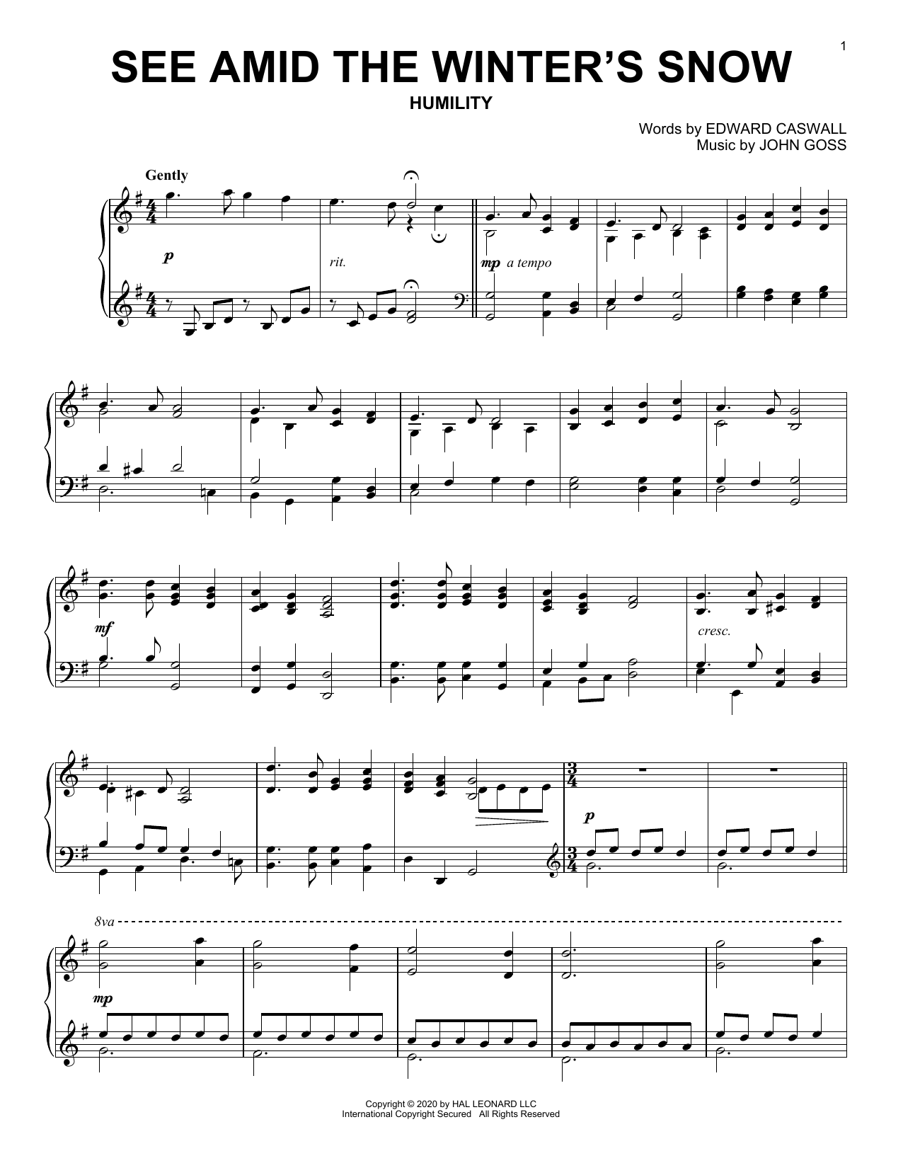 Download Edward Caswall and John Goss See Amid The Winter's Snow Sheet Music and learn how to play Piano Solo PDF digital score in minutes