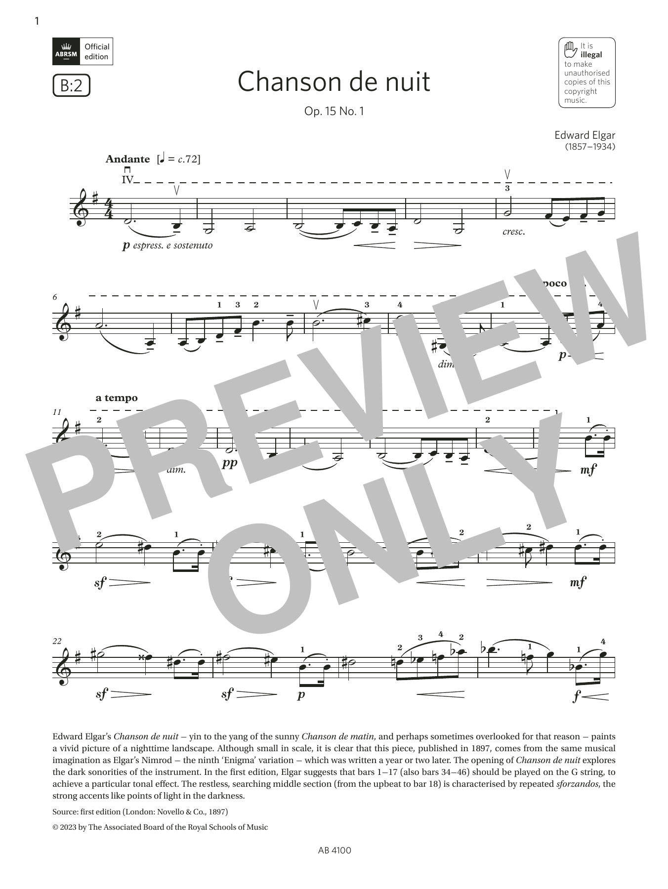 Download Edward Elgar Chanson de nuit (Grade 6, B2, from the ABRSM Violin Syllabus from 2024) Sheet Music and learn how to play Violin Solo PDF digital score in minutes