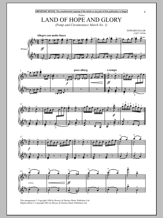 Download Edward Elgar Land Of Hope And Glory (March No. 1 from Pomp And Circumstance) Sheet Music and learn how to play Piano Duet PDF digital score in minutes