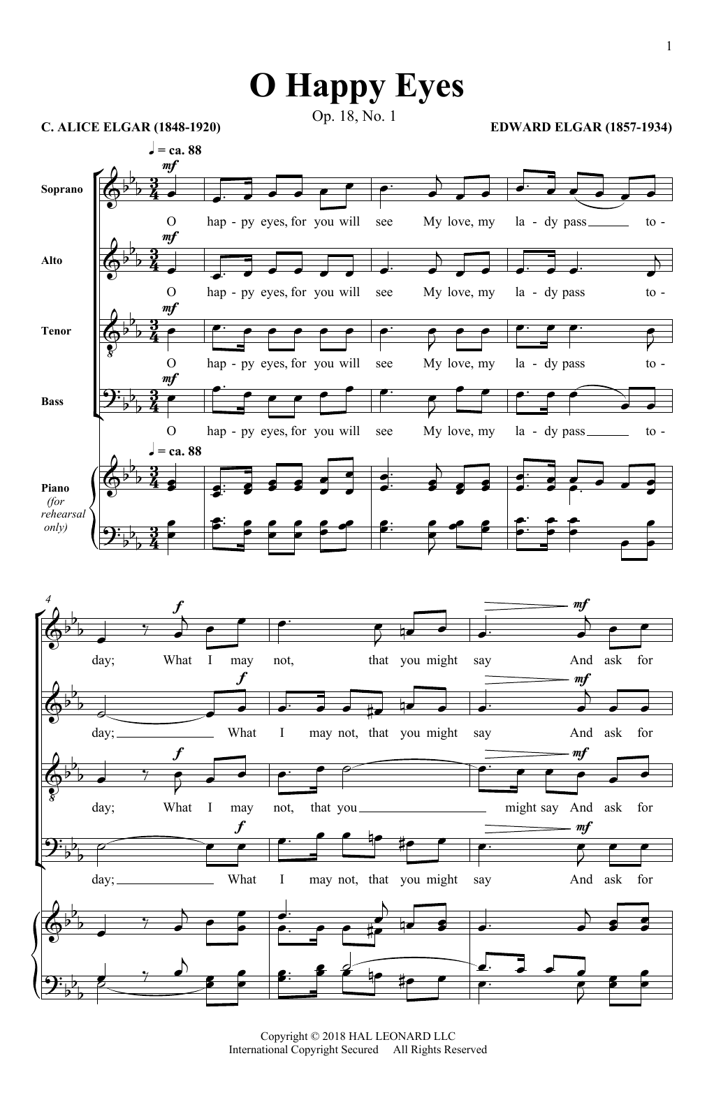 Download Edward Elgar O Happy Eyes Sheet Music and learn how to play SATB Choir PDF digital score in minutes