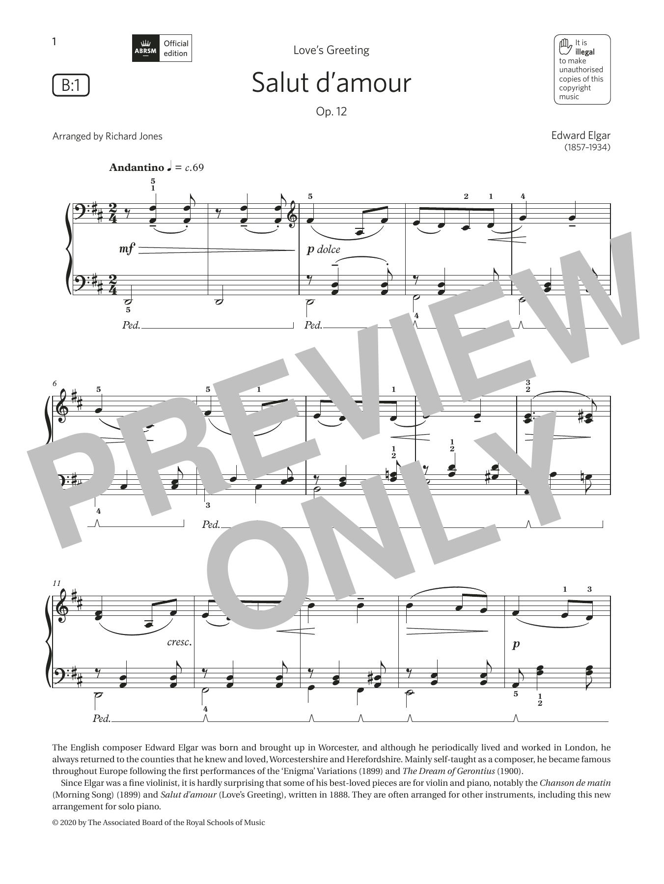 Download Edward Elgar Salut d'amour (Grade 3, list B1, from the ABRSM Piano Syllabus 2021 & 2022) Sheet Music and learn how to play Piano Solo PDF digital score in minutes