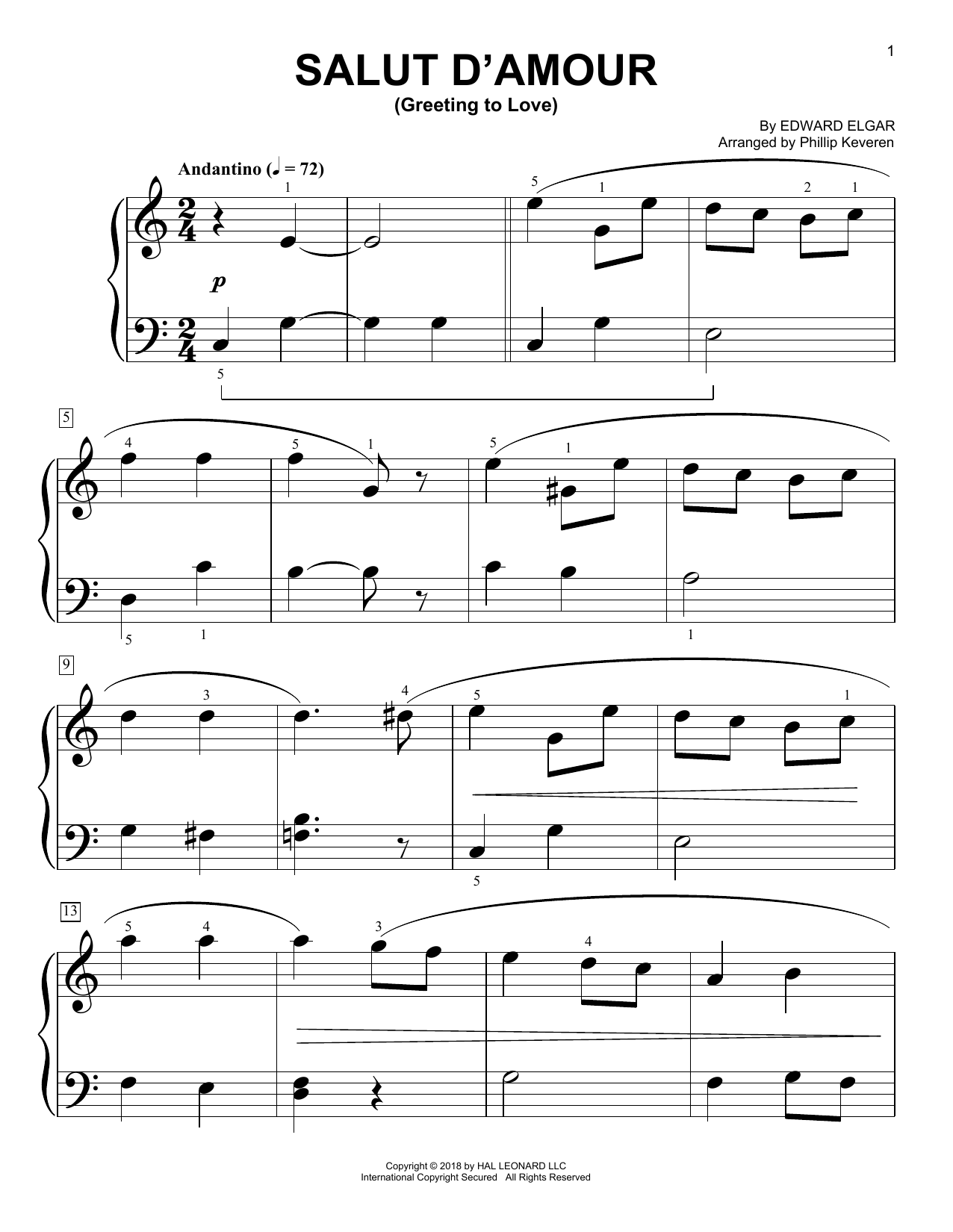 Download Phillip Keveren Salut D'amour (Greeting To Love) Sheet Music and learn how to play Big Note Piano PDF digital score in minutes